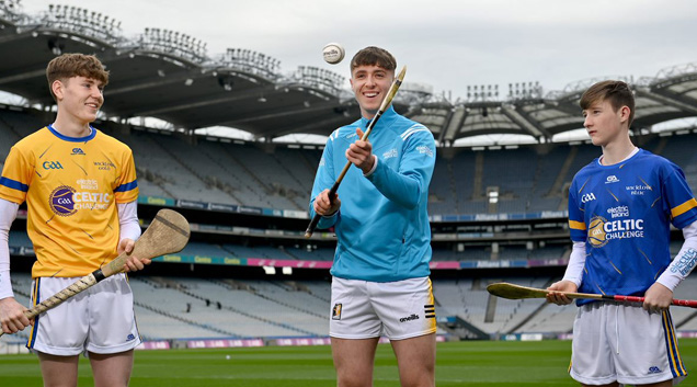 three hurling players on a pitch